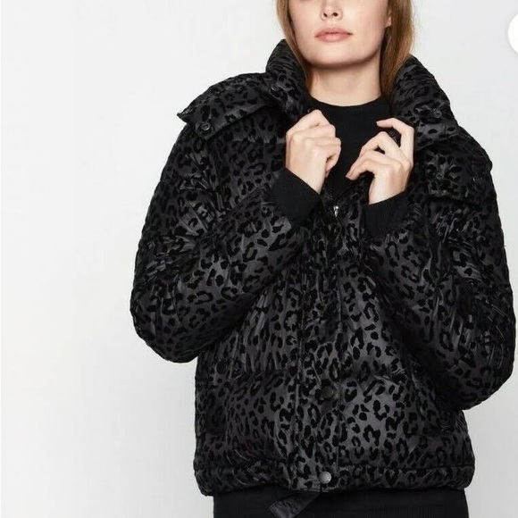 BCBGeneration Hooded Midweight Puffer Jacket in Black/Leopard - Picture 1 of 9